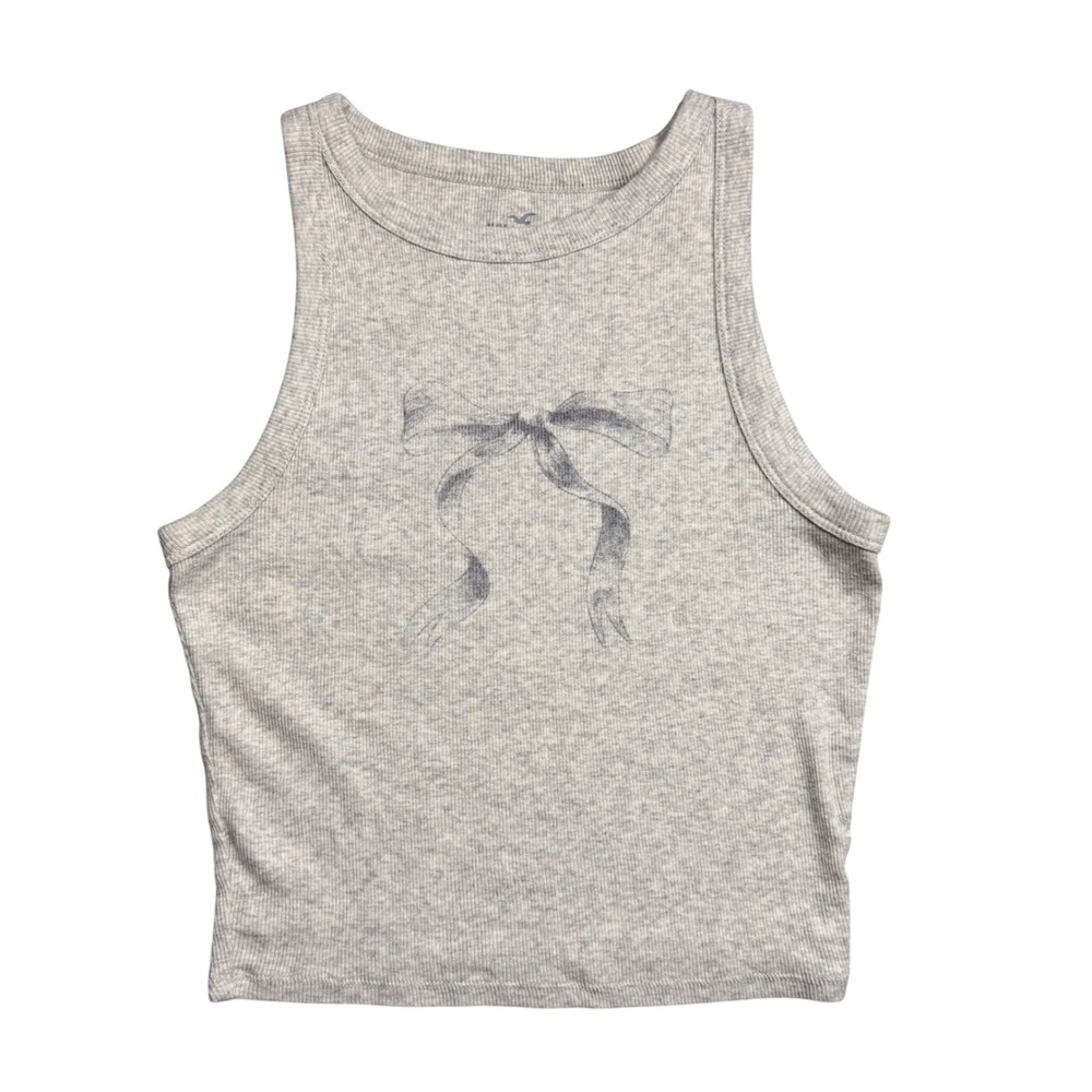 Hollister Gray Ribbed Bow Graphic Tank Top Small Coquette Balletcore Crop Top